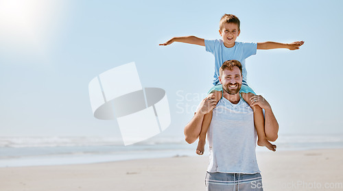 Image of Father carry boy, portrait and beach for bonding, vacation or spend quality time together. Family, man and male child travelling, happiness or loving on seaside, holiday or coastline trip with mockup