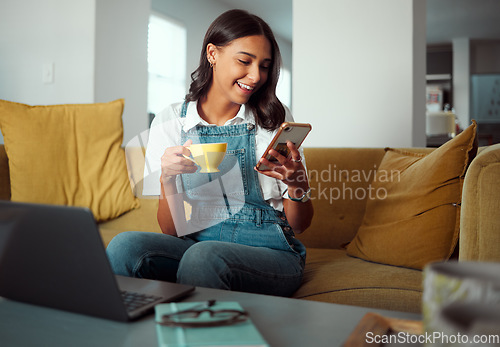 Image of Relax, coffee or tea girl with phone for social media, ecommerce or news with wifi in home. Internet, communication and gen z student on sofa with smartphone app, smile and drink for leisure.