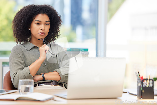 Image of Business laptop, thinking and black woman in office trying to solve problem. Idea, focus and female employee from South Africa with computer contemplating solution, pensive or lost in thoughts alone.