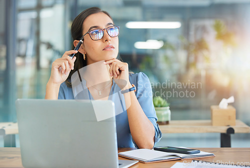 Image of Business woman, thinking and office with laptop, concentration and sales growth. Ceo, female entrepreneur and administrator with idea for advertising campaign, strategy and planning for project goal.