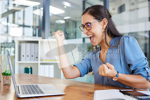 Image of Success, celebration and business woman on laptop after winning online lottery, bonus or promotion. Winner, achievement and female employee happy, excited and celebrating stock market investment.