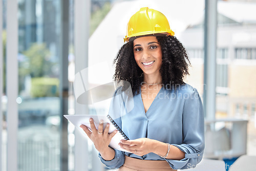 Image of Architecture, plan and architect with a report for construction, building renovation and document for maintenance. Smile, designer and portrait of a creative worker with contractor paperwork