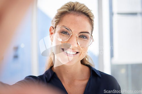 Image of Success, selfie and portrait of business woman in corporate office with vision, ideas and motivation. Leadership, startup and happy female entrepreneur take photo in modern workplace in Canada