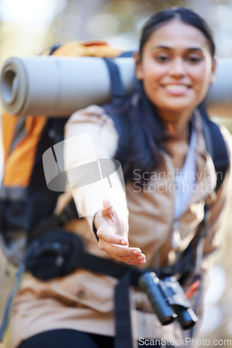 Image of Hiking, helping hands and woman teamwork for travel support, training workout and exercise outdoor. Indian girl, climbing adventure and hiker athlete or sports lifestyle happiness on mountain trail