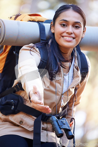 Image of Hiking, woman and portrait of helping hand on nature exploration adventure in Cancun, Mexico. Hiker, trekking and happiness of Mexican girl on outdoor journey with friendly smile and support.