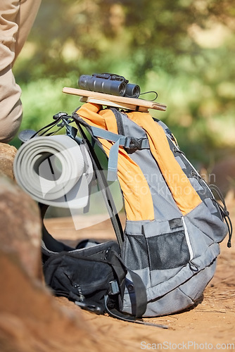 Image of Hiking, background and backback in nature for adventure explore and fitness with equipment. Active, sport and bag for a hike or camping trip in a natural environment or forest for climbing