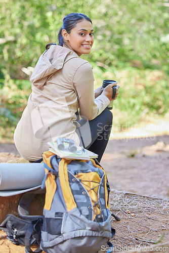 Image of Portrait, hiking and woman rest with coffee, fresh air and balance outdoor. Latino female, tea and break for walk in nature, fitness and workout for wellness, health or eco friendly activity or relax