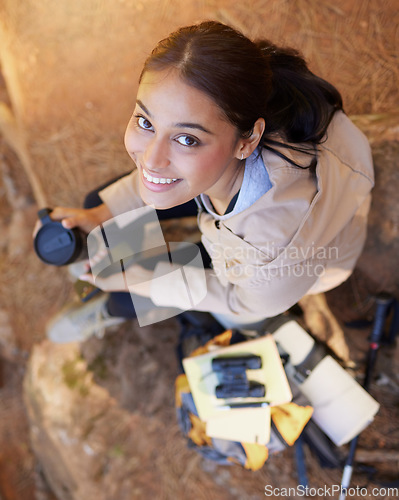 Image of Woman, travel and hiking, fitness and adventure portrait with coffee break, explorer and trekking through nature. Outdoor, workout and hike in Peru with health and active motivation, happy top view.