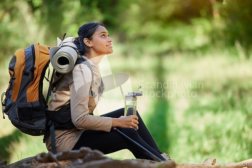 Image of Black woman, hiking and rest sitting in nature, woods or forest for goal, motivation or outdoor adventure. Woman hiker, water bottle and tired on trail for wellness, fitness or trekking in California