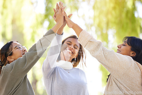 Image of Friends, park and high five with joy in celebration for love, care and affection in nature. Female group, hands together and joined for bonding friendship with cheerful freedom in carefree garden