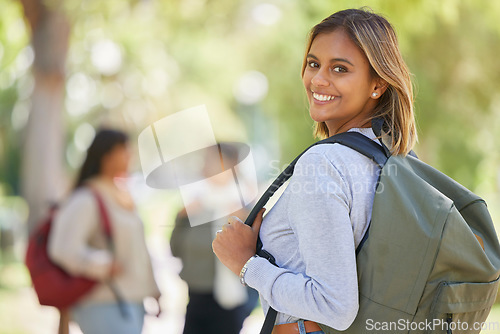 Image of Education, scholarship or girl in university, college or back to school with a happy smile excited for learning on campus. Portrait, future or Indian student with motivation, knowledge or study goals