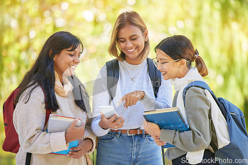 Image of College, happy and student friends with phone for gen z meme, app or streaming funny video. Fun, relax and interracial girl friendship with learners on break at university campus with mobile.