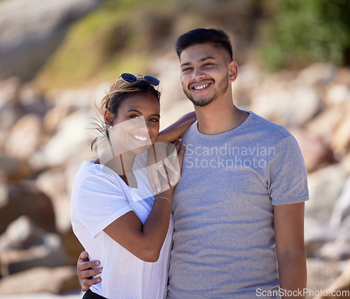 Image of Happy, love and portrait of a couple on a vacation, adventure or romantic weekend trip together. Happiness, smile and young man and woman on date in nature while on holiday or journey in Puerto Rico.