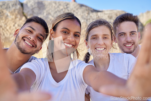 Image of Couple of friends, diversity or selfie in nature hike, social gathering or summer holiday in travel location or countryside mountains. Smile portrait, happy men and women bonding in pov photography