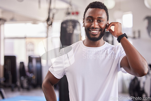 Image of Portrait of black man, personal trainer at gym and workout athlete ready for fitness exercise, healthy body and a wellness training. Face of strength, muscle development and a physical health coach