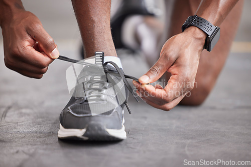 Image of Runner, lace and black man shoes for fitness sports workout, exercise training and cardio motivation. Athlete person feet, check running sneakers and ready for marathon wellness run in health gym