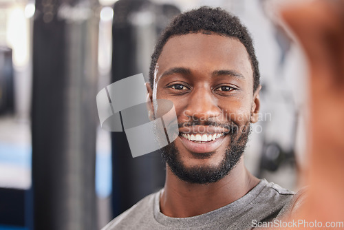 Image of Gym, wellness and workout selfie of black man in Chicago, USA ready for healthy lifestyle exercise. Fitness, training and health club photograph of person excited for cardio session with smile.