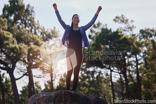 Image of Hiking, winning and woman celebrating on a rock in a forest for fitness, sport hike in nature with joy. Celebration, success and female athlete hiker with carefree freedom for workout in the woods