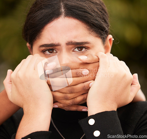 Image of Woman, portrait and victim silence with hands on face for domestic violence protest campaign. Sad, fear and scared girl vulnerable with secret of sexual abuse, aggression and harassment.