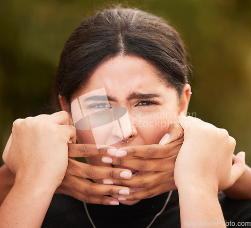 Image of Woman hands, abuse crime and couple violence, fight and toxic relationship outdoor. Face of a woman with anxiety, pain and problem with a man being abusive with trauma, hands for fear and stress