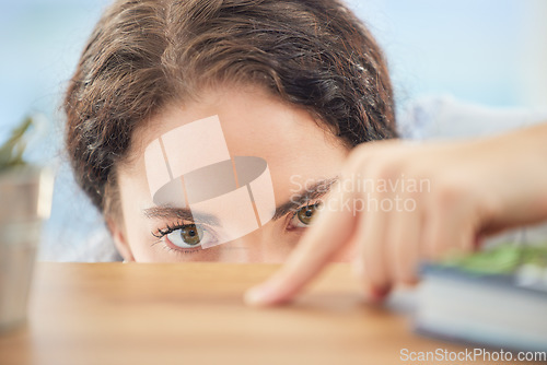 Image of Cleaning, housekeeping and finger of woman with dust on wooden surface, coffee table and furniture in home. Housework, spring cleaning and girl check, inspection and test for dirt stain with hand