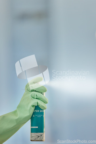 Image of Cleaning spray, bottle and hands with mockup for multi surface polish, chemical detergent and product. Closeup cleaner, gloves and spraying container for shine, disinfection and household maintenance