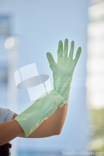 Image of Woman, hands and gloves for cleaning home, hygiene and wellness. Spring cleaning, housekeeper or female cleaner getting ready for cleaning service to disinfect house to remove bacteria, germs or dust