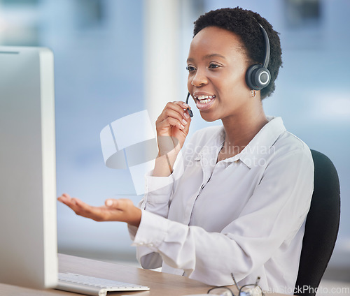 Image of Black woman, customer support staff and call center employee working at desk of an online telemarketing business. Crm consultant, customer service and consulting client for computer or software issue