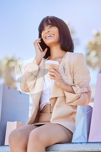 Image of Phone call, coffee and black woman outdoor with shopping bag, conversation and sale. Female, girl and customer with expensive clothes, boutique items and tea in city, talking and relax with discount.