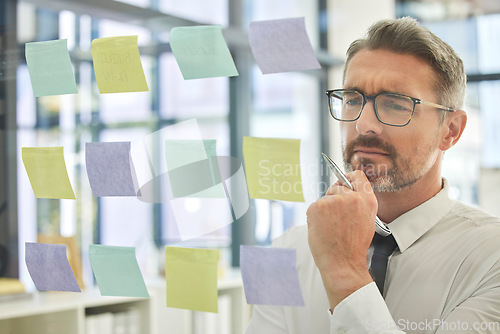 Image of Business, man and thinking with sticky note for planning innovative corporate ideas with vision. Plan, idea and businessman brainstorming a company strategy using notes for schedule or calendar