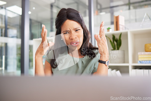 Image of Black woman, angry and laptop glitch in office for company stress, anxiety and frustrated for 404 tech error. African woman, stressed manager and financial report problem or mad working on computer