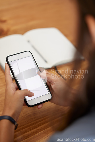 Image of Woman, mock up and typing with smartphone, or connectivity and social media. Female, girl and phone with space for online reading, search internet or communication to connect and website for posting.