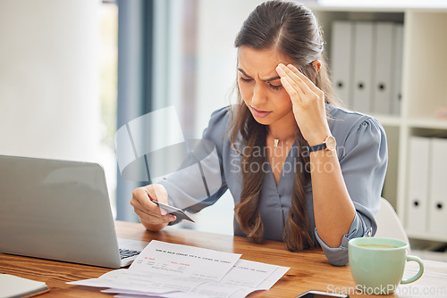 Image of Stress, credit card or business woman with laptop confused with finance, burnout or budget depression in office. Document, bill or employee with headache for loan payment decline, debt anxiety or tax