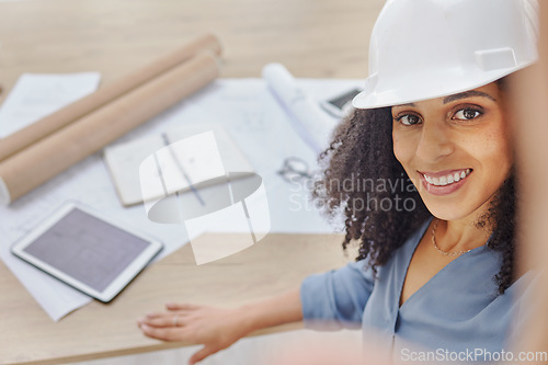 Image of Engineering, architecture or happy black woman taking a selfie after drawing a floor plan in office building. Civil engineering, face or portrait of a designer taking pictures after working on goals