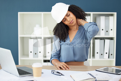 Image of Architect, black woman and tired with neck pain in office from fatigue, injury or accident at work. Health problem of architecture employee at desk with pain in neck at professional workplace.