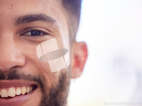 Image of Smile, half and face of a businessman with mockup at work, recruitment and happy at professional company. Hiring office, human resources and portrait of a worker with happiness and mock up space