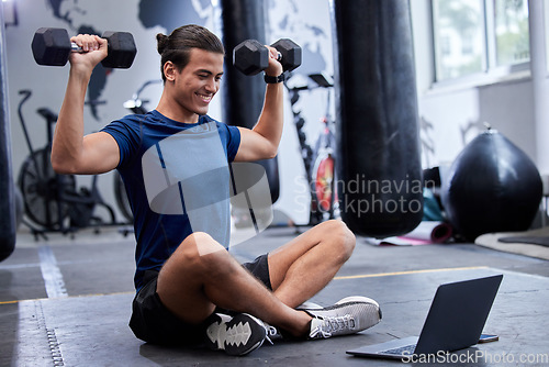 Image of Man, laptop and bodybuilder online class in gym for training workout, fitness tutorial and happy for sports exercise. Athlete person, dumbbell wellness and learning with digital tech in health club