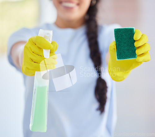 Image of Cleaner woman, spray and sponge with gloves for hygiene, safety and chemical for dirt, house work and job. Cleaning expert, product and bottle to stop bacteria, germs and dust in hospitality service