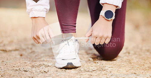 Image of Woman, shoes lace and fitness runner outdoor in nature park for marathon training, cardio run or healthy workout. Athlete person feet, check sneakers and running wellness or exercise in city road