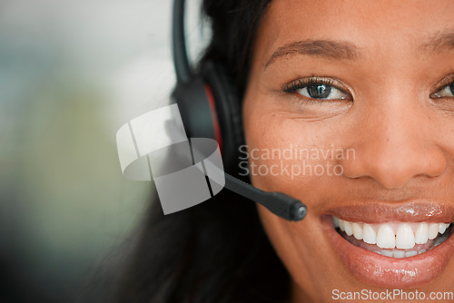 Image of Call center, black woman face and business portrait of crm, contact us and telemarketing job. Customer service, web help desk and consulting happy worker with a smile about online and digital company