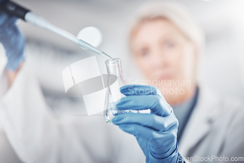 Image of Science, chemistry and beaker with woman in laboratory for research, dna and vaccine analysis. Medicine, pharmacy and innovation with expert and flask for investigation, biotechnology and experiment