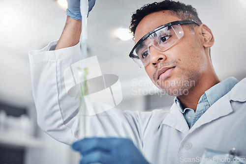 Image of Plant science, pipette and man with test tube for researching plants. Laboratory, sustainability and male botanist with dropper and vial for testing, analyzing and gmo experiment to optimize growth.