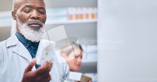 Image of Pharmacy, black man and hand of pharmacist with medicine box mock up. Pills, medication and senior male medical professional with drugs for prescription, healthcare and wellness, cure or treatment.