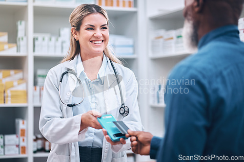 Image of Pharmacist, payment or customer with credit card for medicine or buying. Pharmacy, woman or black man pay for pills, medical treatment or paying for prescription, clinic dispensary or pharmaceutical