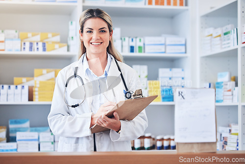 Image of Portrait, pharmacy and woman with clipboard, checklist and inventory. Pharmacist, female and girl writing, prescription medicine and stock for medical products, information for treatment and record.