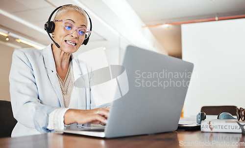 Image of Consulting, laptop and microphone with business woman in office for video conference, webinar and online meeting. Virtual, call center and coaching with consultant and headset for digital help desk