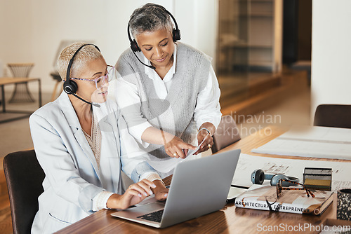 Image of Laptop, consulting and woman help mentor while doing presentation in a virtual meeting, documents and strategy. Team, virtual and businesswoman coaching online seminar while training her assistant
