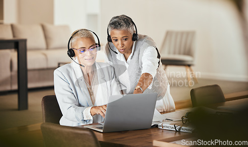 Image of Laptop, consulting and woman help mentor while doing presentation in a virtual meeting, documents and strategy. Team, virtual and businesswoman coaching online seminar while training her assistant