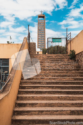 Image of stairs to museum of Christianity in Church of Our Lady St. Mary of Zion, the most sacred place for all Orthodox Ethiopians in Axum, Ethiopia.