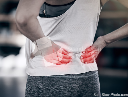 Image of Hands, back pain and overlay with a sports woman holding her muscle while suffering from cramp or injury. Fitness, exercise and red highlight with a female athlete struggling with an injured spine